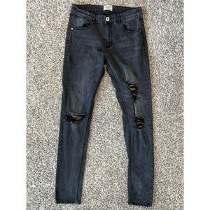 KDNK Men's Black Distressed Skinny Jeans Size 32 Yellow Underlay Ripped Style